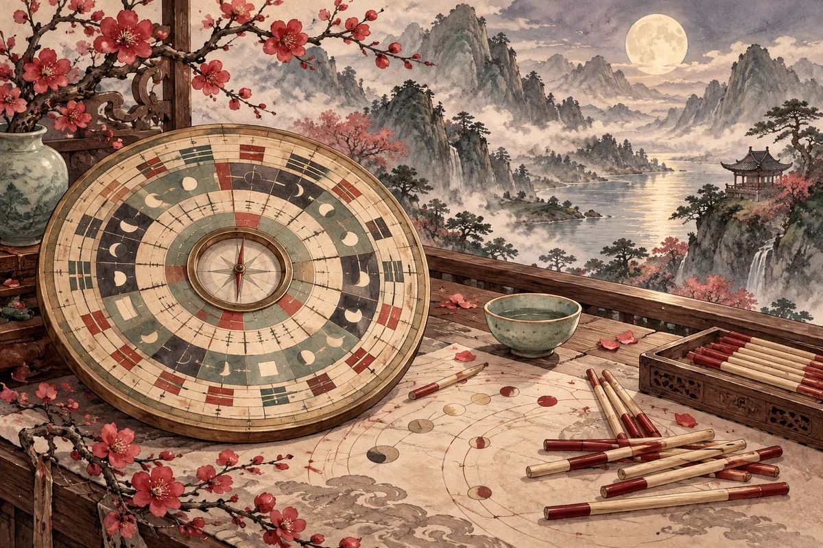罗盘、竹制算筹与月色山峦