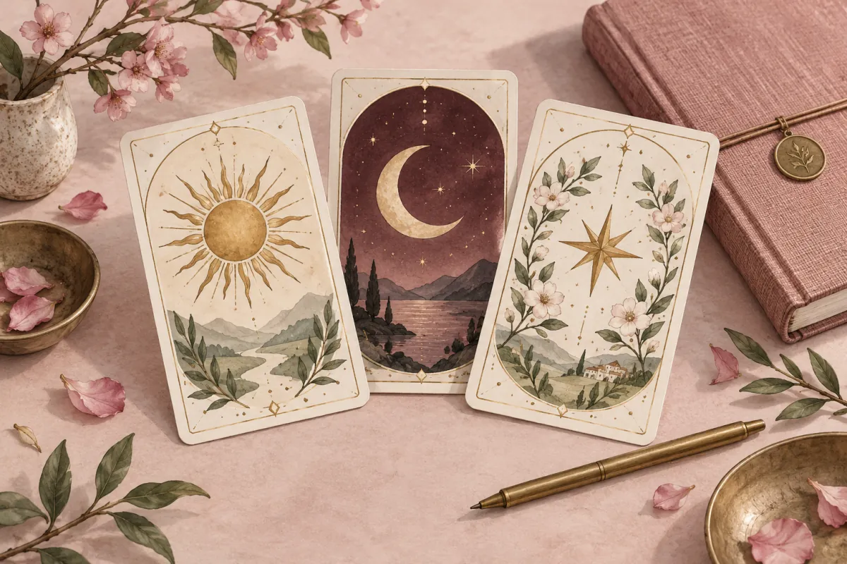 太陽、月亮與星辰圖案卡牌,配有粉色筆記本和黃銅筆的塔羅記錄主題插畫